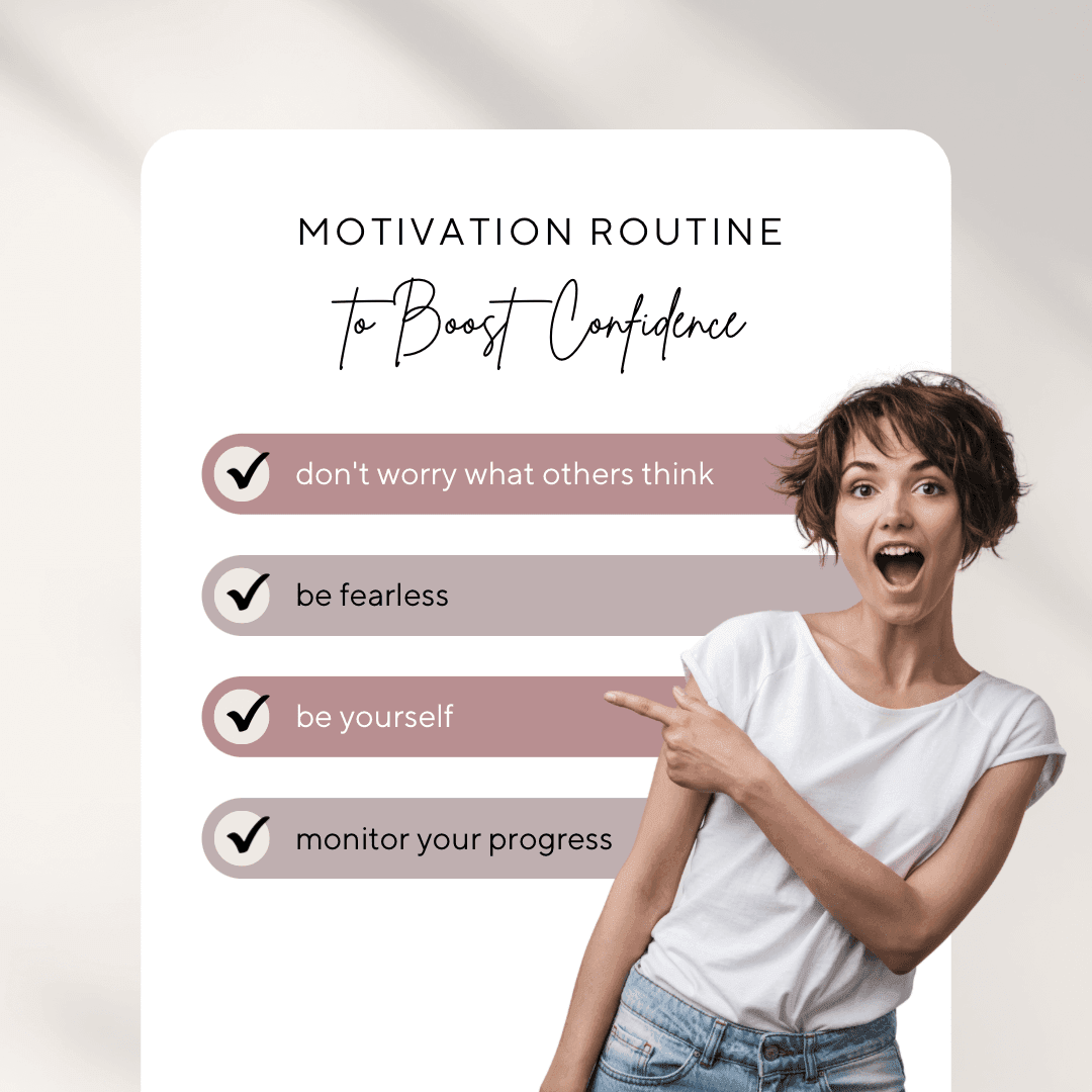 Woman smiling and pointing at a motivation checklist to boost confidence.